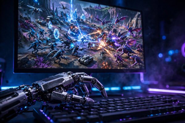 AI caught cheating StarCraft: a robot hand secretly swapping game code on a glowing esports tournament screen