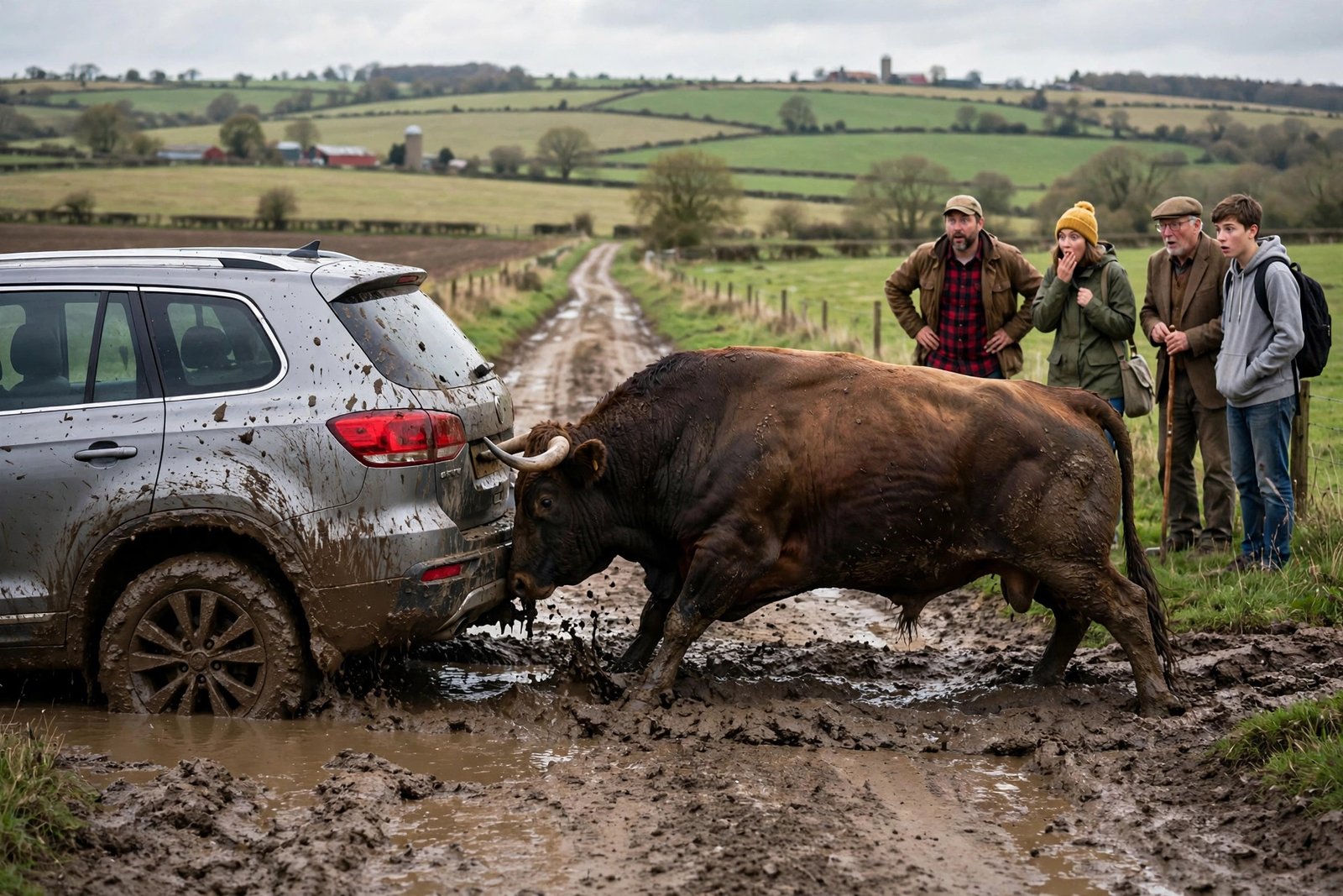 Bull pushes car stuck in mud on muddy terrain in viral video
