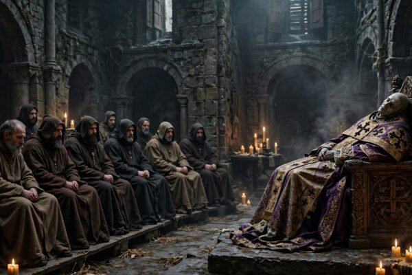 Painting-style illustration of the Cadaver Synod showing Pope Stephen VI presiding over the trial of the exhumed corpse of Pope Formosus in Rome