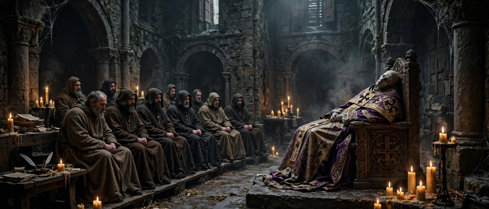 Painting-style illustration of the Cadaver Synod showing Pope Stephen VI presiding over the trial of the exhumed corpse of Pope Formosus in Rome