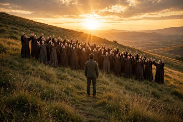 Closed on Sunday choir meme TikTok AI video with robed choir behind a still person