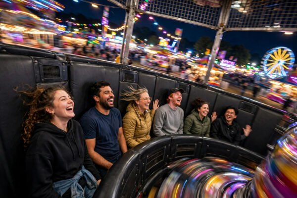 Policemen riding the Gravitron mela ride viral sticky-wall spinning attraction at a fair
