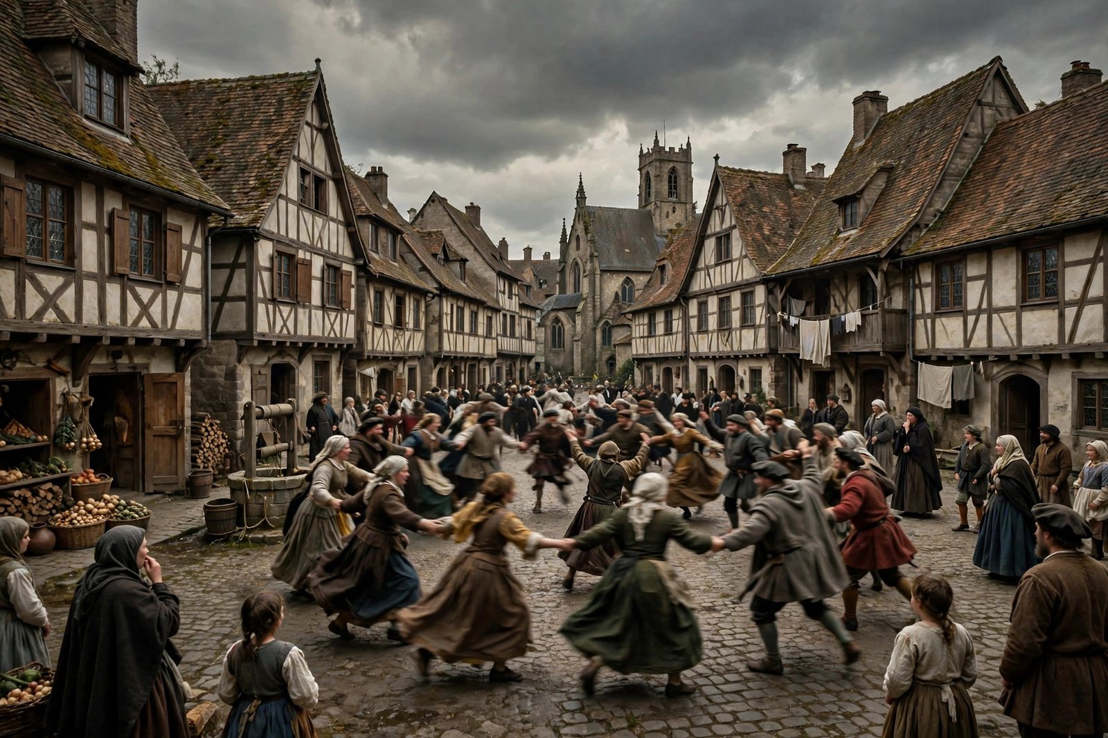 Dancing plague 1518: medieval Strasbourg townspeople dancing uncontrollably in the street at dusk