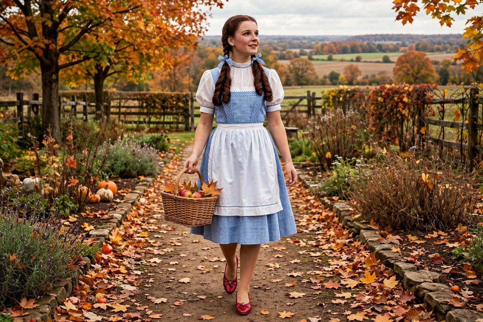 Demi Lovato Dorothy Gale Halloween costume with blue gingham dress and ruby red shoes