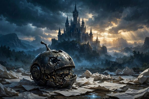 Castle looming over cracked robot head on bankruptcy papers, Disney's $20M Character.AI bid