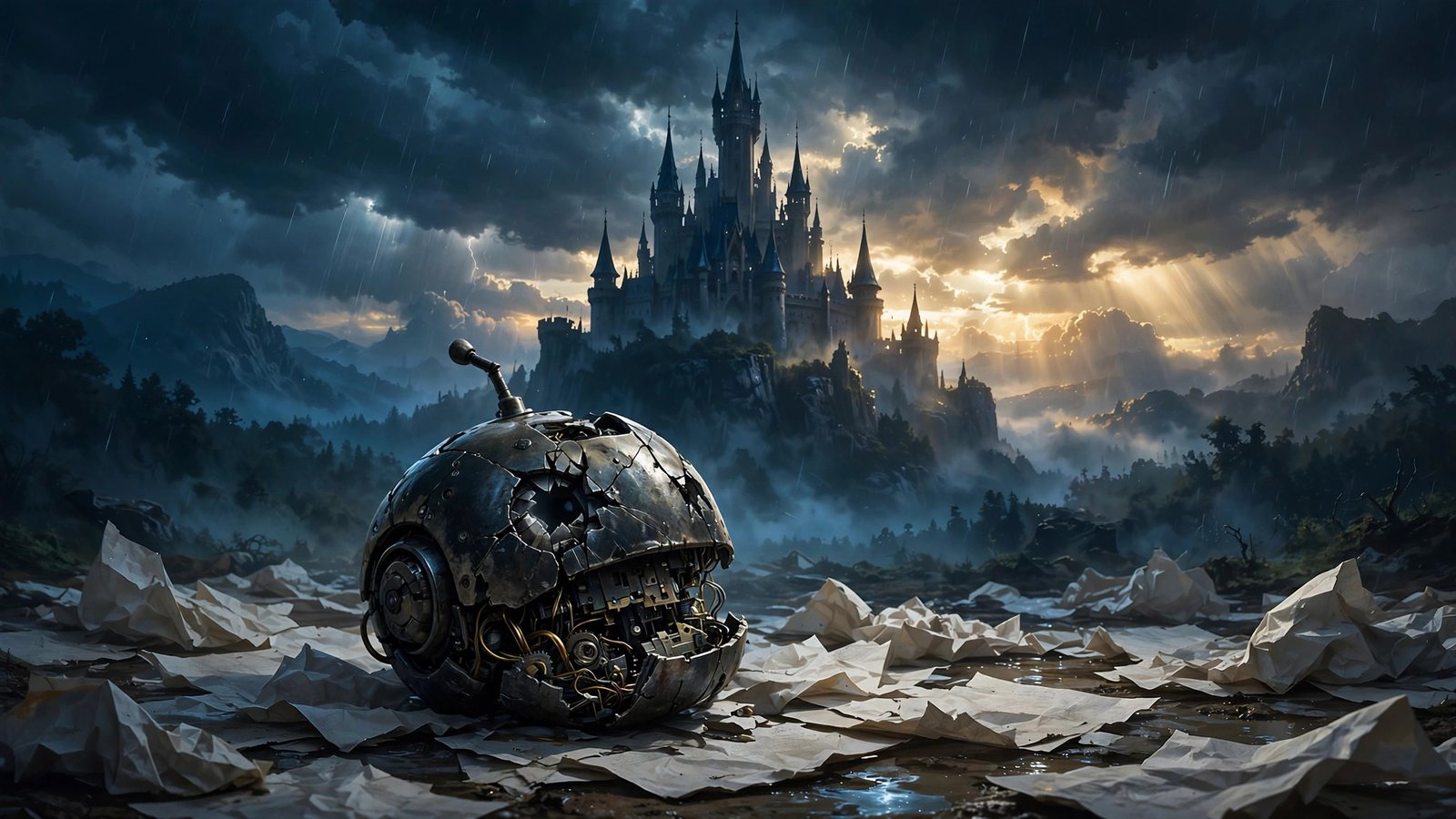 Castle looming over cracked robot head on bankruptcy papers, Disney's $20M Character.AI bid