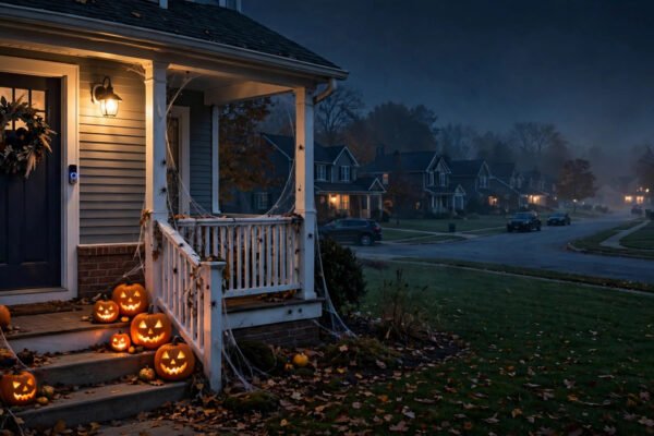 Door Kick Challenge TikTok warning: a front door at night with a porch light on for Halloween safety