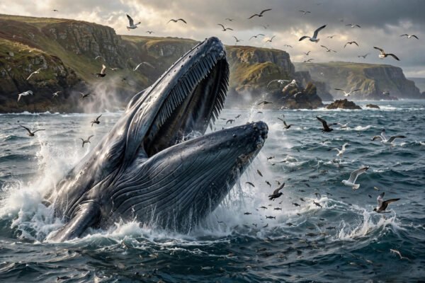 Fin whale Wales photo showing the world's second-largest animal lunge feeding near the surface off the Welsh coast