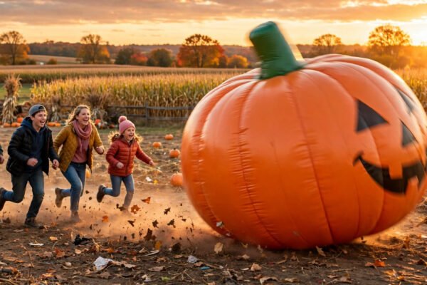 Giant inflatable pumpkin rolling away across a farm field in North Carolina as customers watch in disbelief
