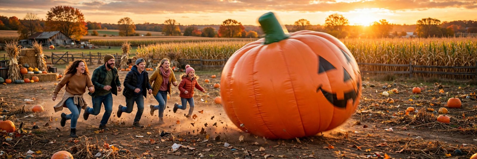 Giant inflatable pumpkin rolling away across a farm field in North Carolina as customers watch in disbelief
