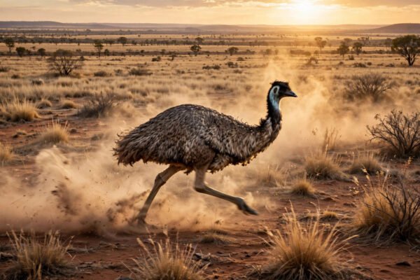 Emus running across Western Australian wheat fields during the Great Emu War Australia in 1932