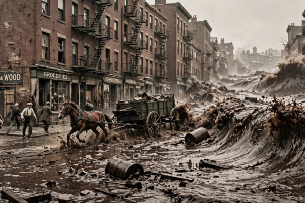 Great Molasses Flood 1919 black-and-white photo of the sticky wreckage left behind in Boston's North End