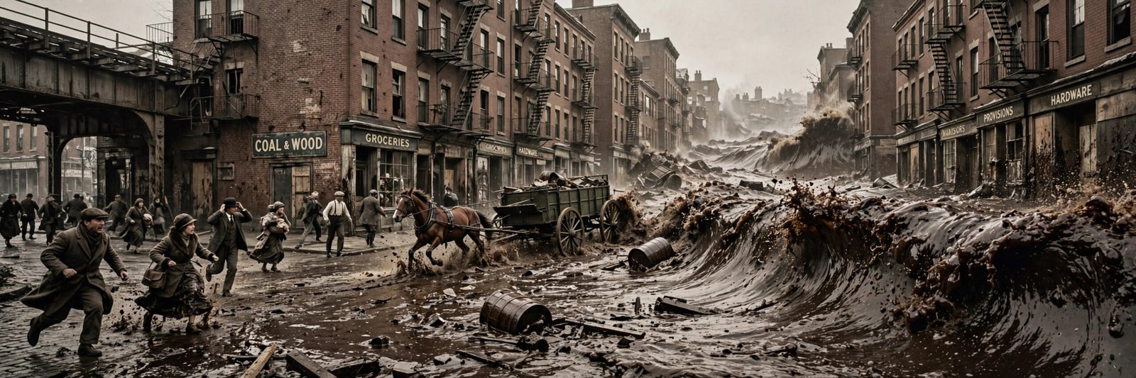 Great Molasses Flood 1919 black-and-white photo of the sticky wreckage left behind in Boston's North End