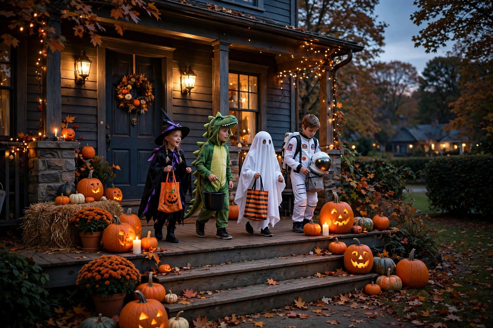 Children in Halloween costumes trick-or-treating at decorated doors, illustrating the history of trick-or-treating