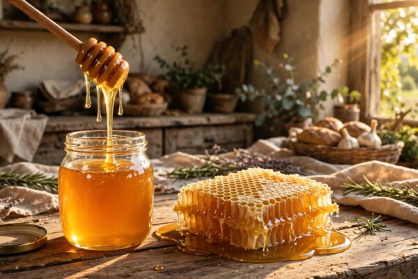Golden honey dripping from a dipper showing why honey never expires