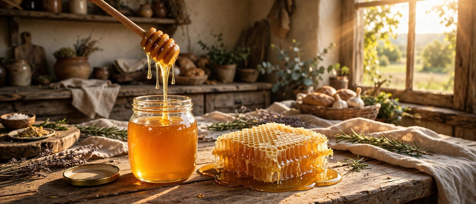 Golden honey dripping from a dipper showing why honey never expires