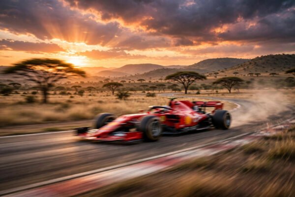 Lewis Hamilton African Grand Prix dream illustrated with a Ferrari Formula 1 car racing on an African circuit at sunset