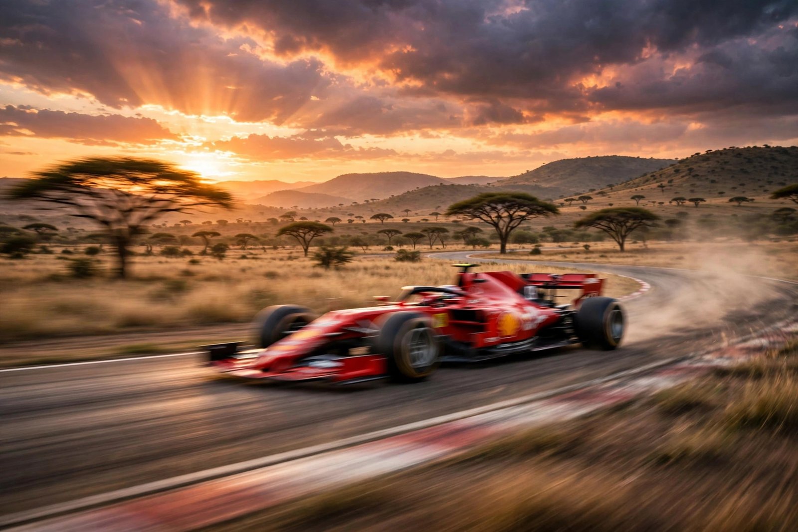 Lewis Hamilton African Grand Prix dream illustrated with a Ferrari Formula 1 car racing on an African circuit at sunset