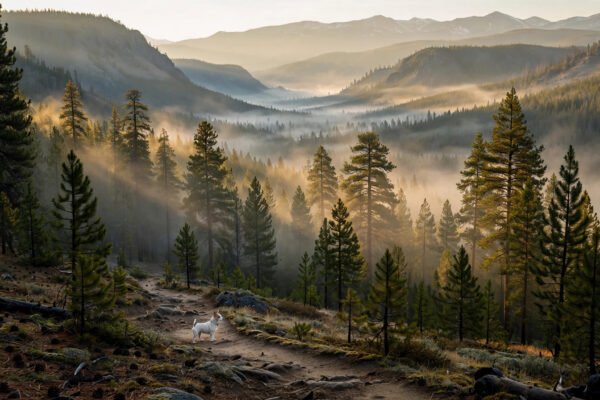 Small white Jack Russell terrier standing on a misty Yellowstone forest trail at sunrise