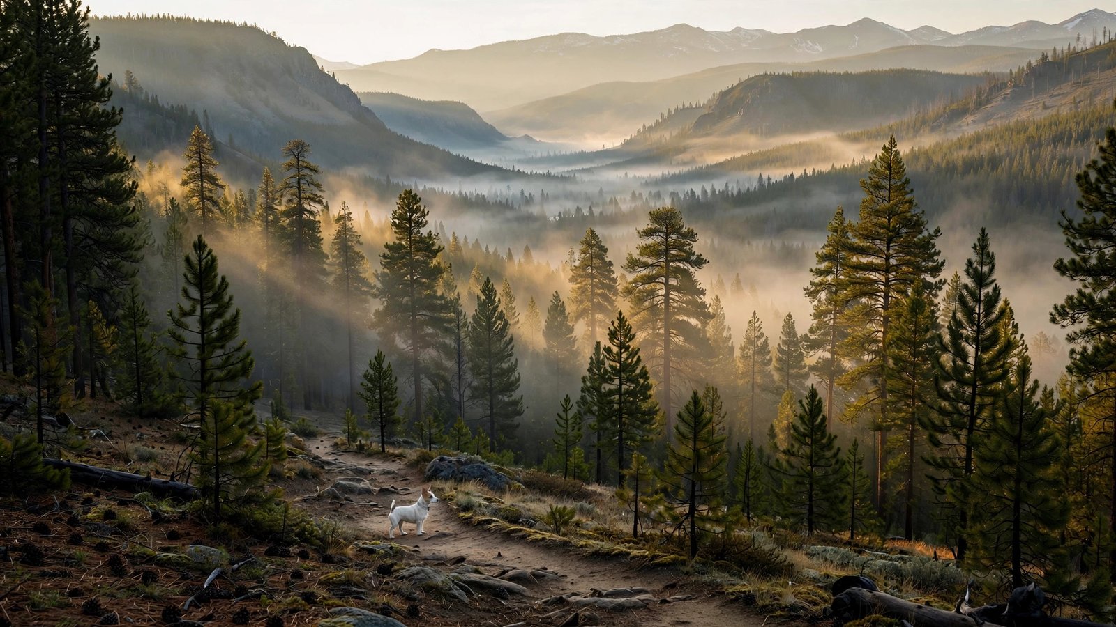 Small white Jack Russell terrier standing on a misty Yellowstone forest trail at sunrise