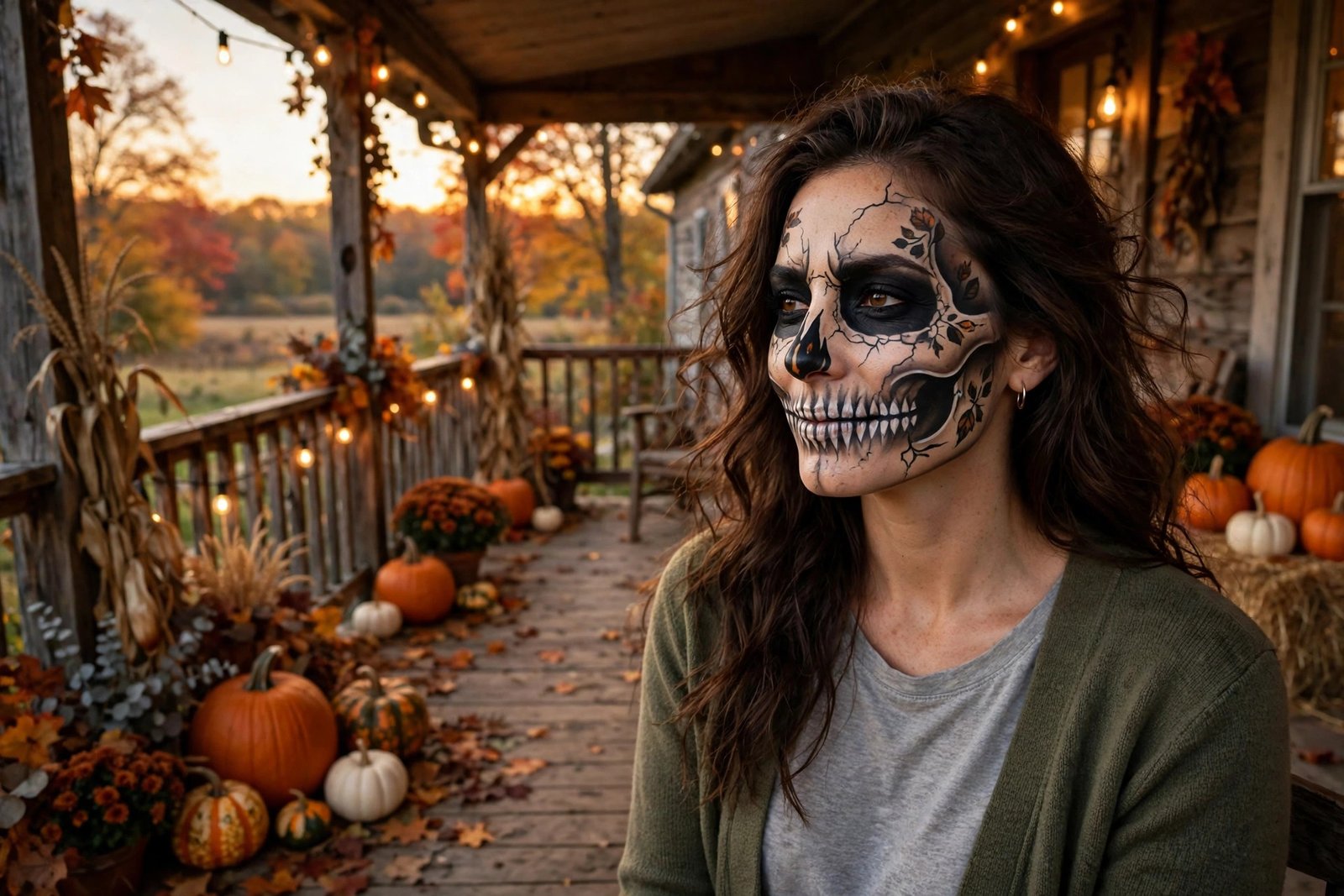 Woman wearing a makeup-only Halloween costume with painted vampire glam look for TikTok