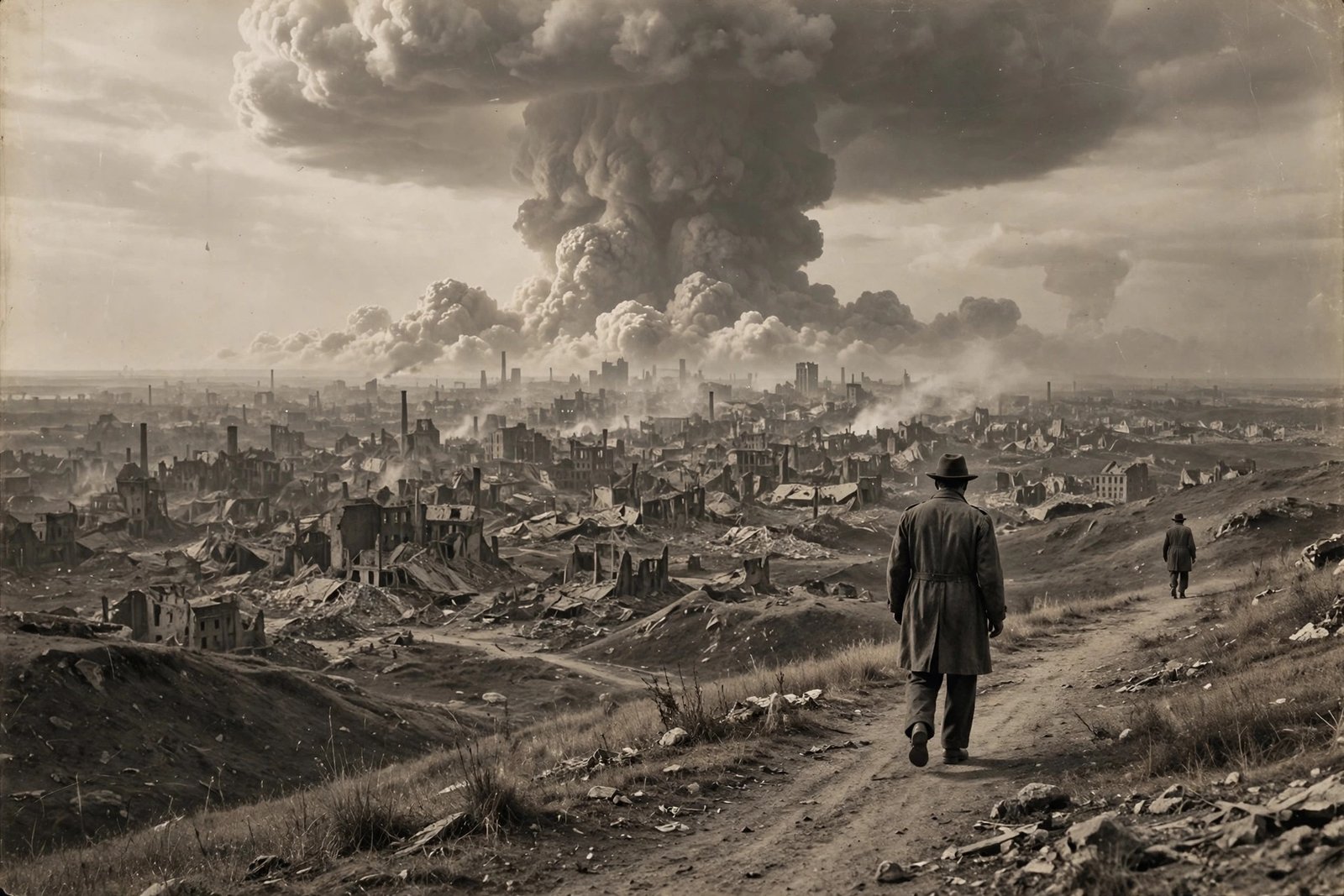 Illustration of Tsutomu Yamaguchi, the man who survived two atomic bombs, standing before the mushroom clouds of Hiroshima and Nagasaki