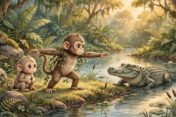 Storybook illustration of a brave monkey standing between a baby monkey and a large crocodile at a jungle riverbank in warm golden light.