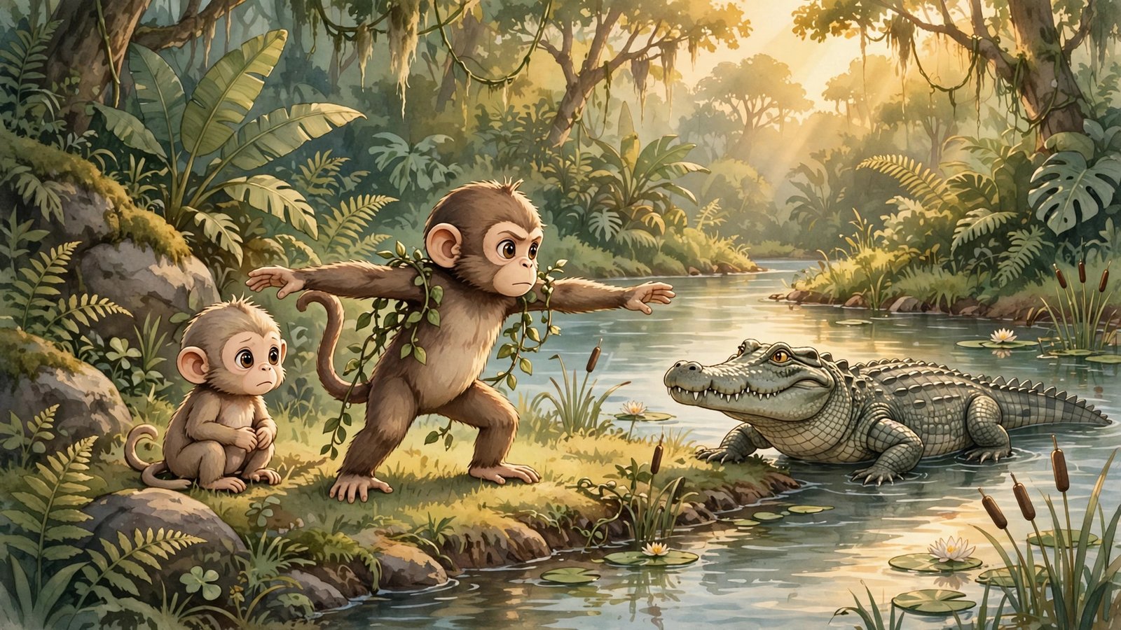 Storybook illustration of a brave monkey standing between a baby monkey and a large crocodile at a jungle riverbank in warm golden light.