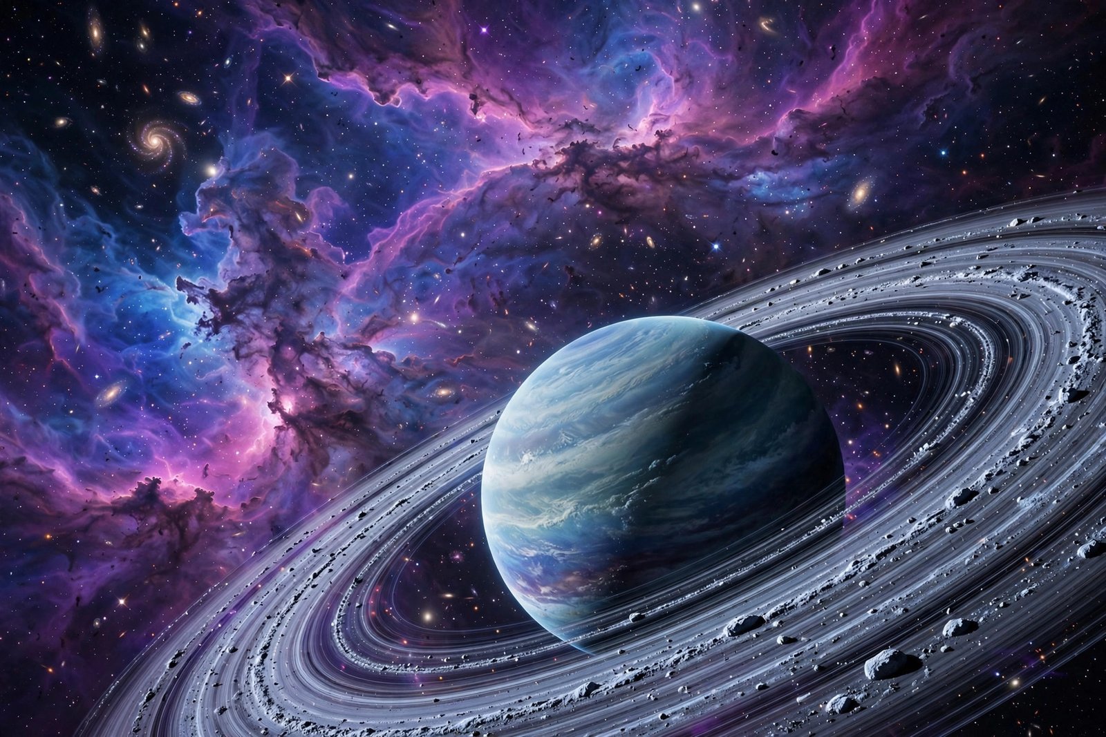 Spiral galaxy, bright stars, and planets in the deep outer space night sky