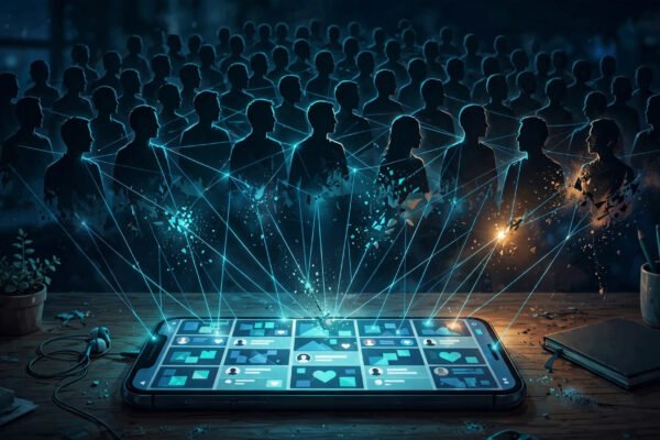 Illustration of a phone with a social feed projecting a crowd of connected silhouette profiles, some dissolving.