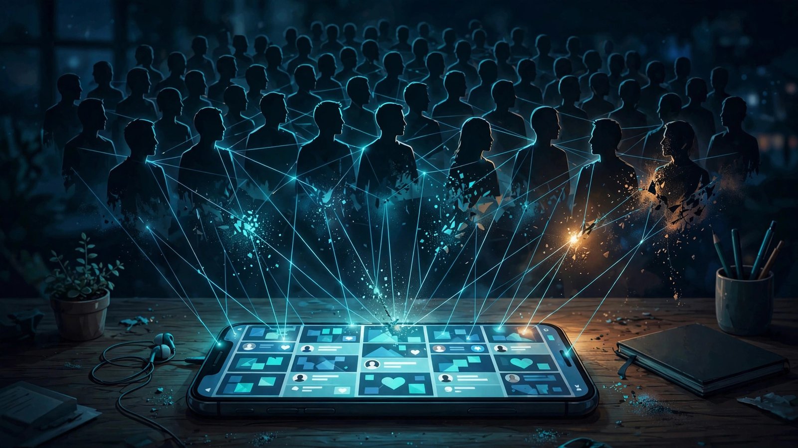 Illustration of a phone with a social feed projecting a crowd of connected silhouette profiles, some dissolving.