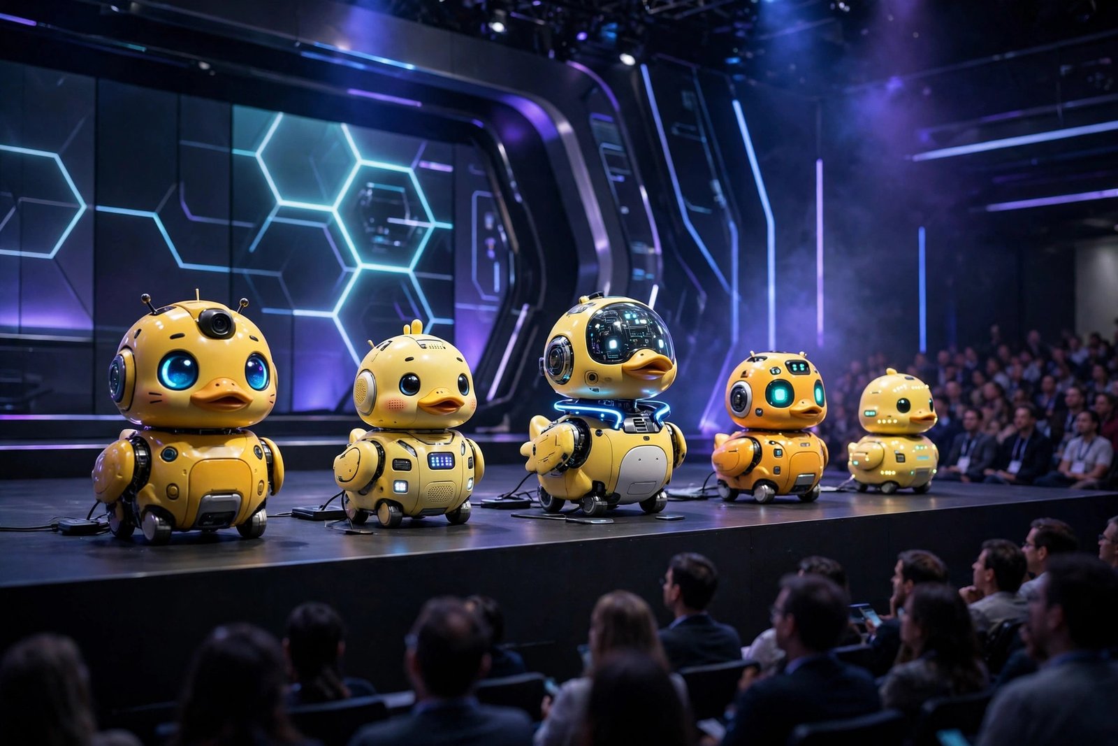 NVIDIA Microduck robots on stage at GTC Berlin with Jensen Huang