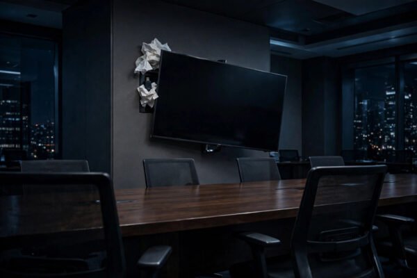 OpenAI hidden microphone: a small USB recording device hidden behind a wall-mounted TV in a corporate meeting room