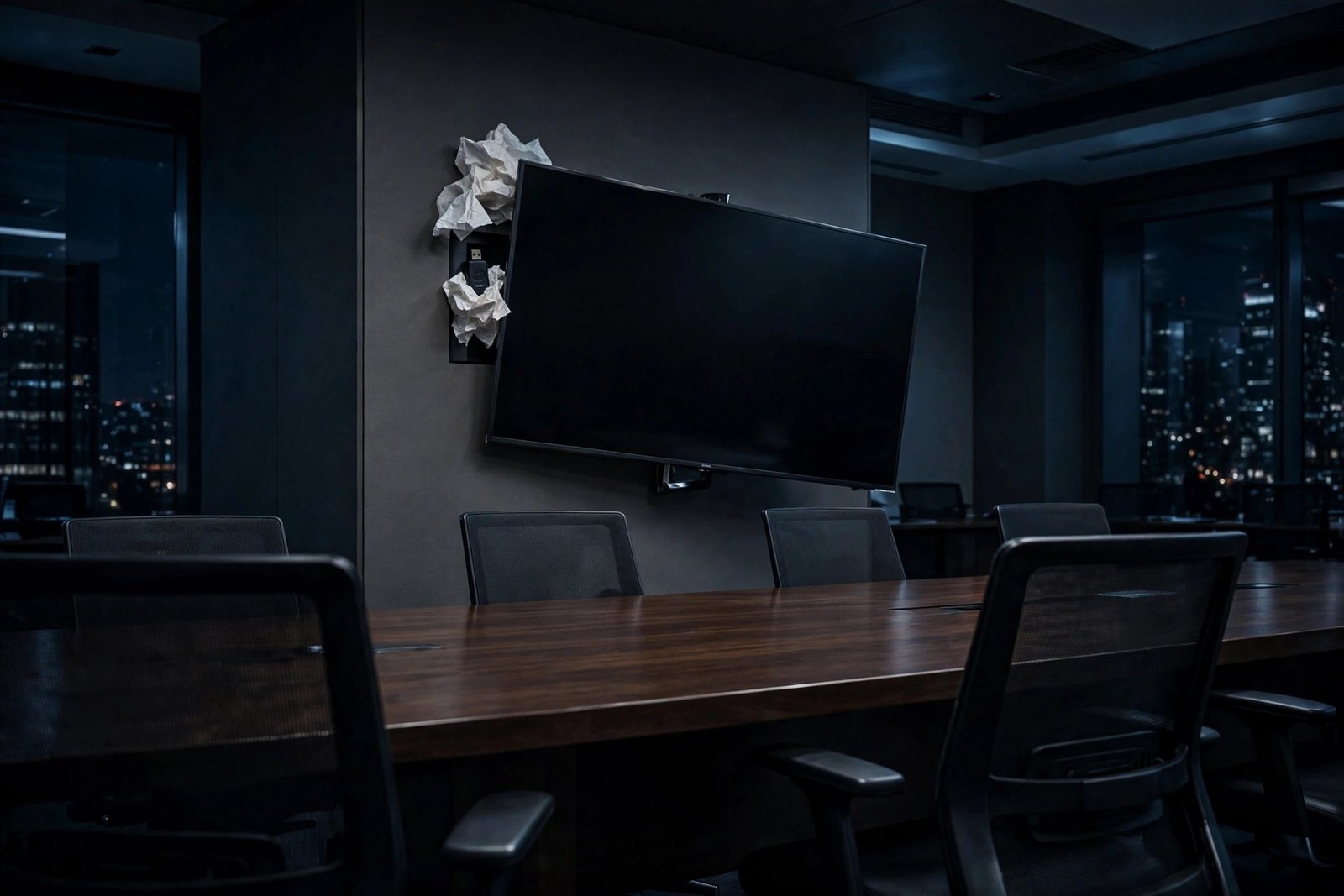OpenAI hidden microphone: a small USB recording device hidden behind a wall-mounted TV in a corporate meeting room