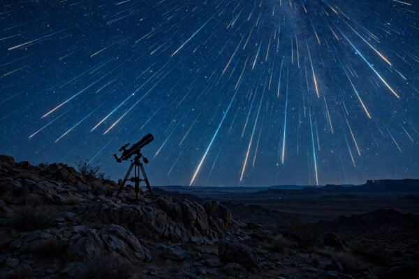 Orionid meteor shower 2026 meteor streaking across a dark night sky above silhouetted trees