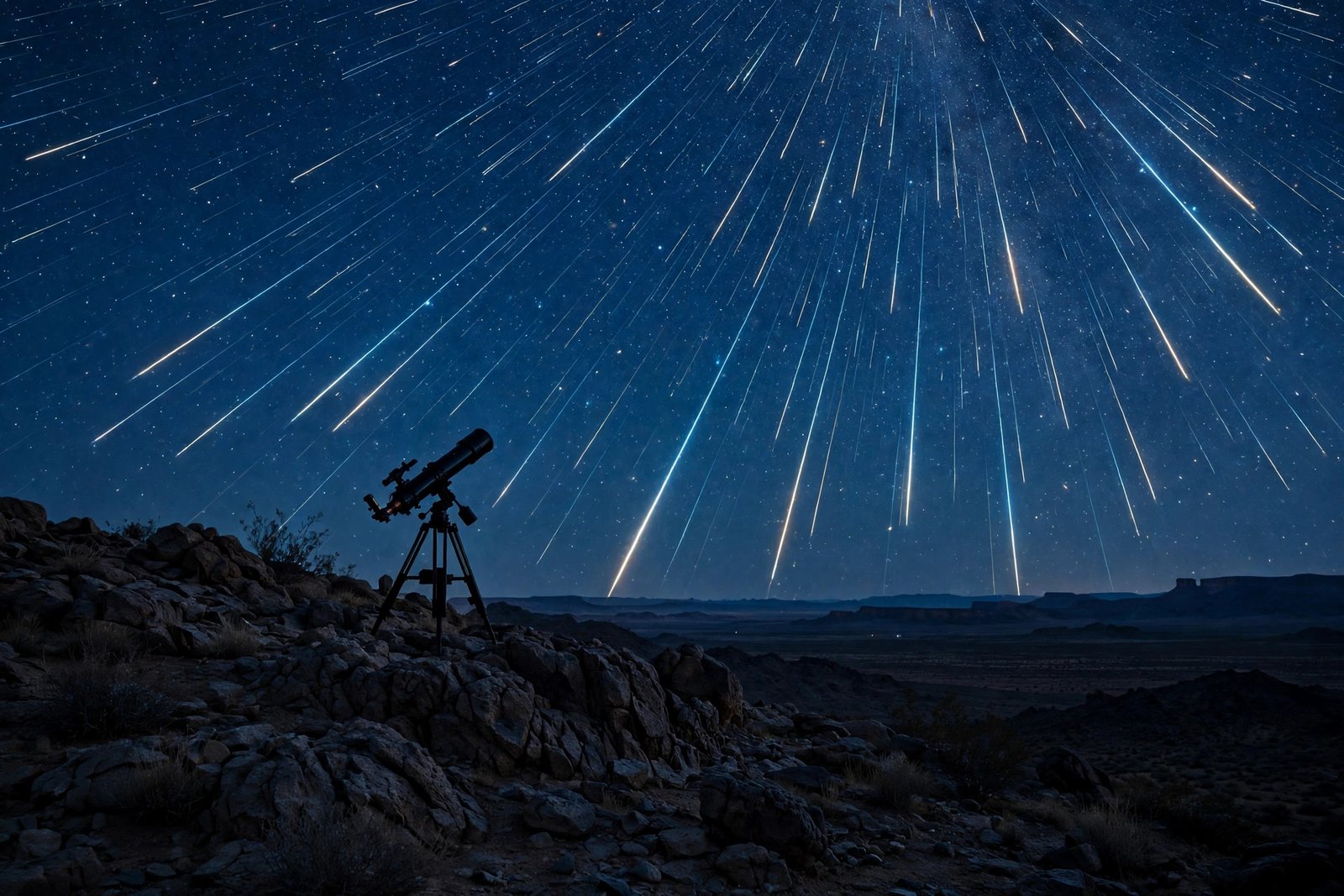 Orionid meteor shower 2026 meteor streaking across a dark night sky above silhouetted trees