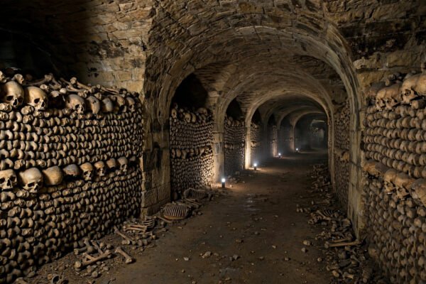 Bone-lined tunnel walls in the Paris catacombs underground ossuary beneath Paris, France