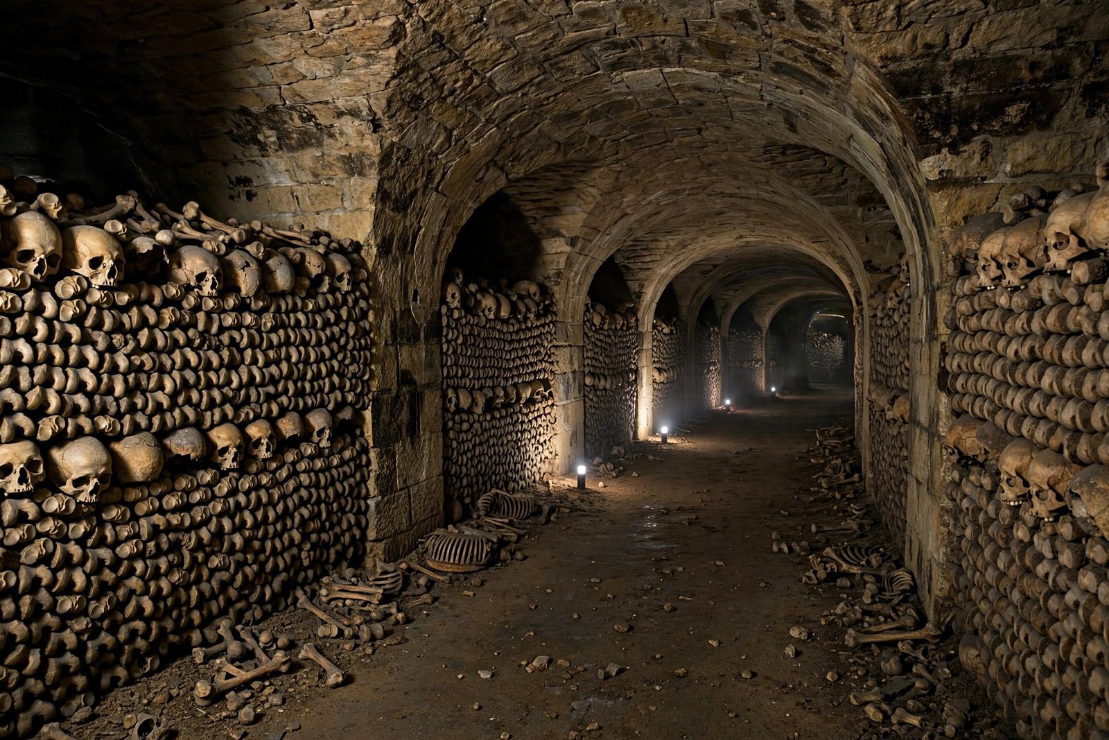 Bone-lined tunnel walls in the Paris catacombs underground ossuary beneath Paris, France