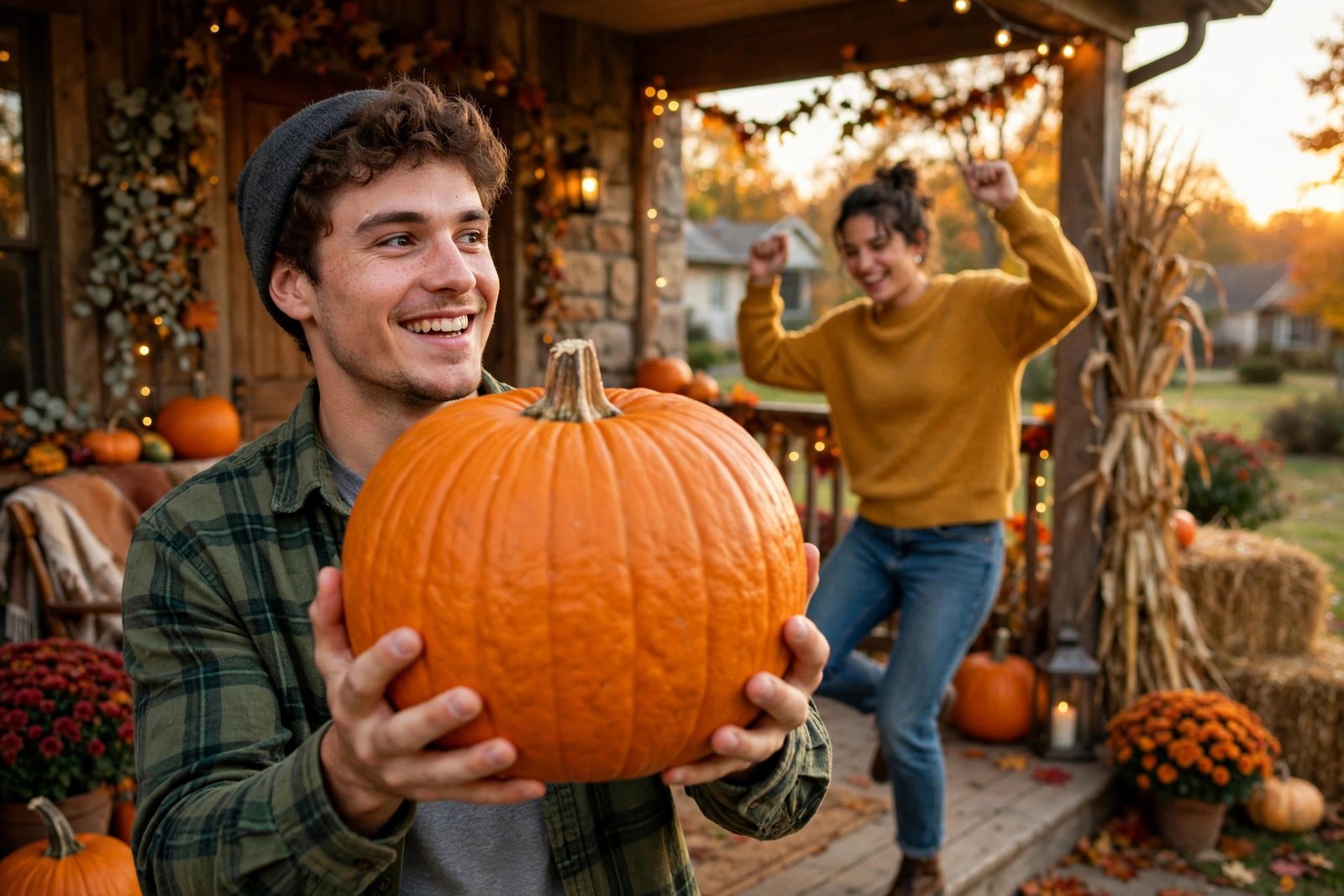 Pumpkin Head illusion TikTok trend with a pumpkin held to the camera over a dancing friend