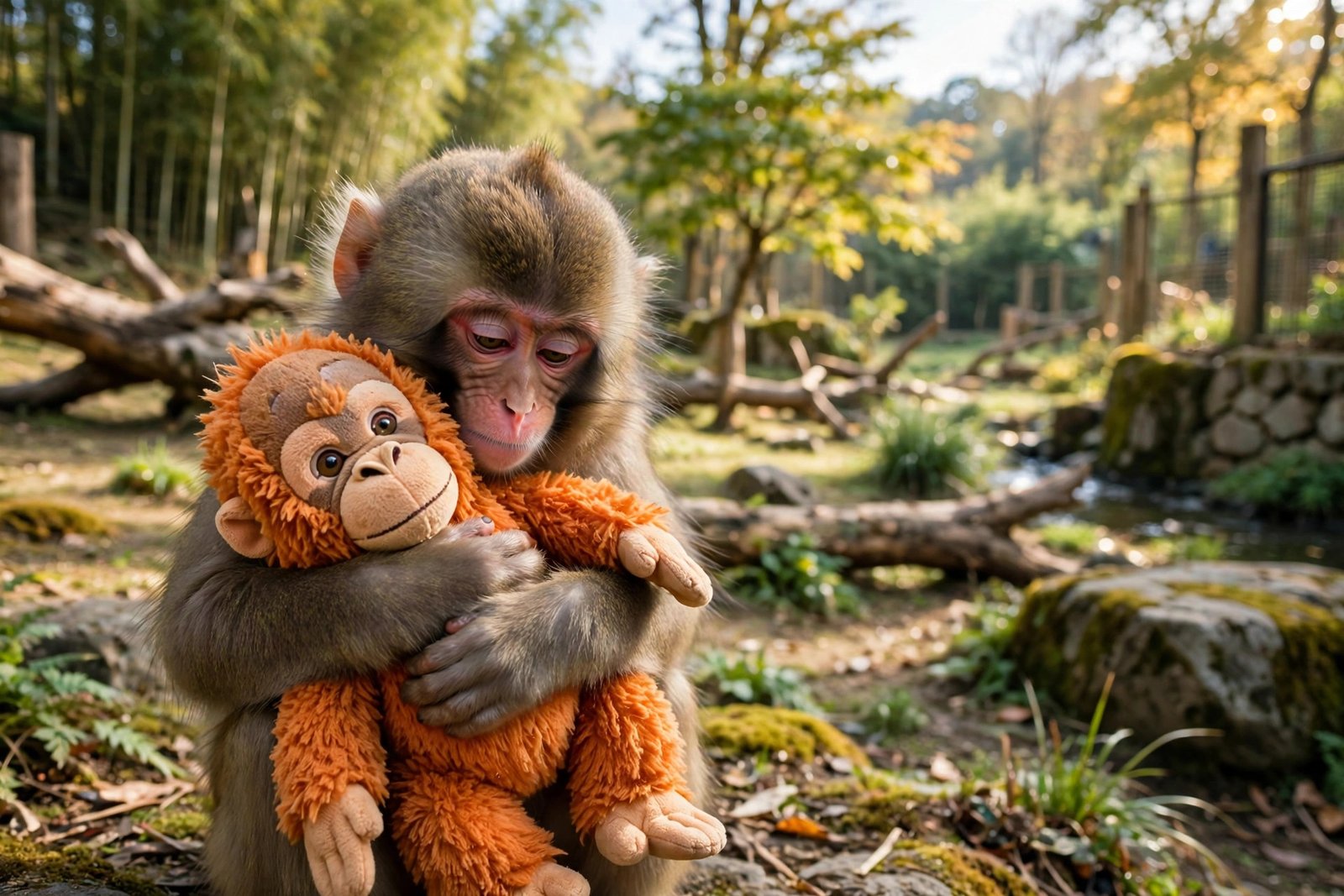 Punch macaque, a young Japanese macaque, carrying his IKEA orangutan plushie for emotional support at Ichikawa City Zoo near Tokyo