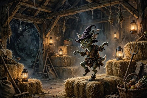 AI-generated imp tiptoeing and dancing in a barn from the viral Rumpelstiltskin meme clip