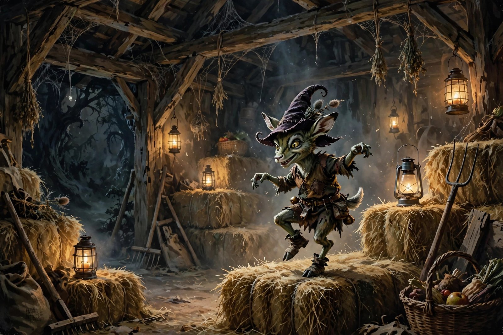 AI-generated imp tiptoeing and dancing in a barn from the viral Rumpelstiltskin meme clip