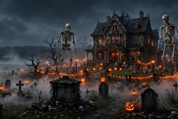 Spooky front-yard scene inspired by the viral Halloween display that terrified adults in Mississippi