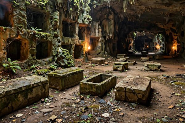 Illustration of an ancient Second Temple burial cave with stone ossuaries and carved burial niches