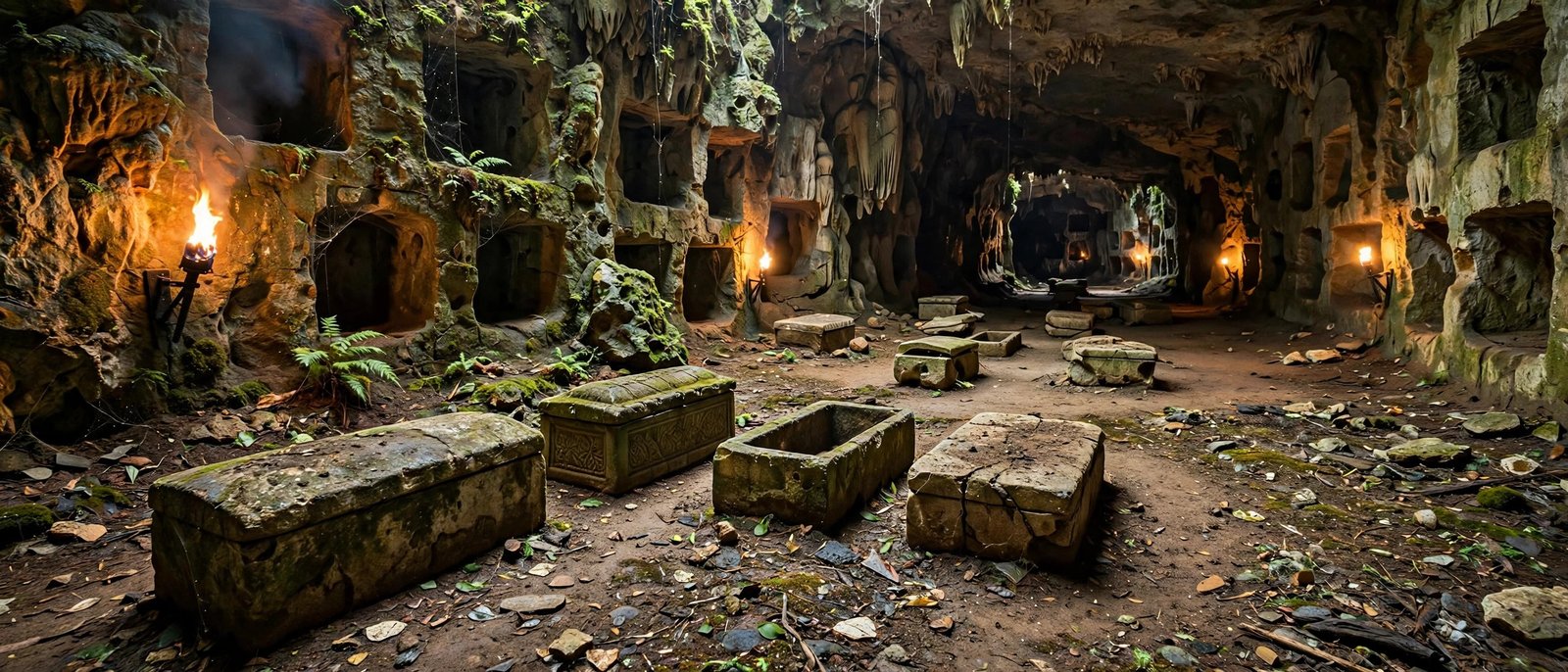 Illustration of an ancient Second Temple burial cave with stone ossuaries and carved burial niches