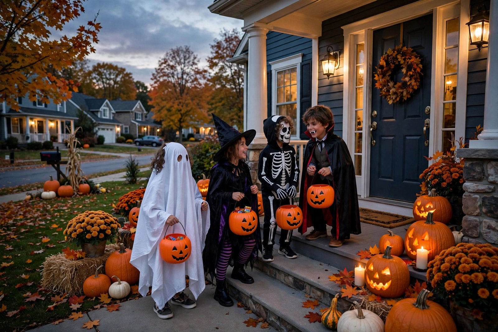 Children in Halloween costumes learning about the trick or treat origin