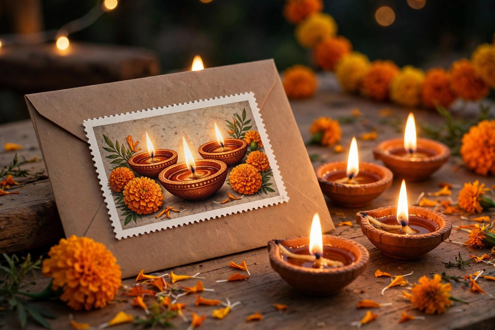 The new USPS Diwali stamp featuring a vibrant rangoli design with glowing diyas for the Festival of Lights