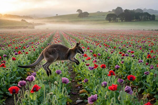 Wallabies poppy crop circles: high wallabies hopping in Tasmania poppy fields