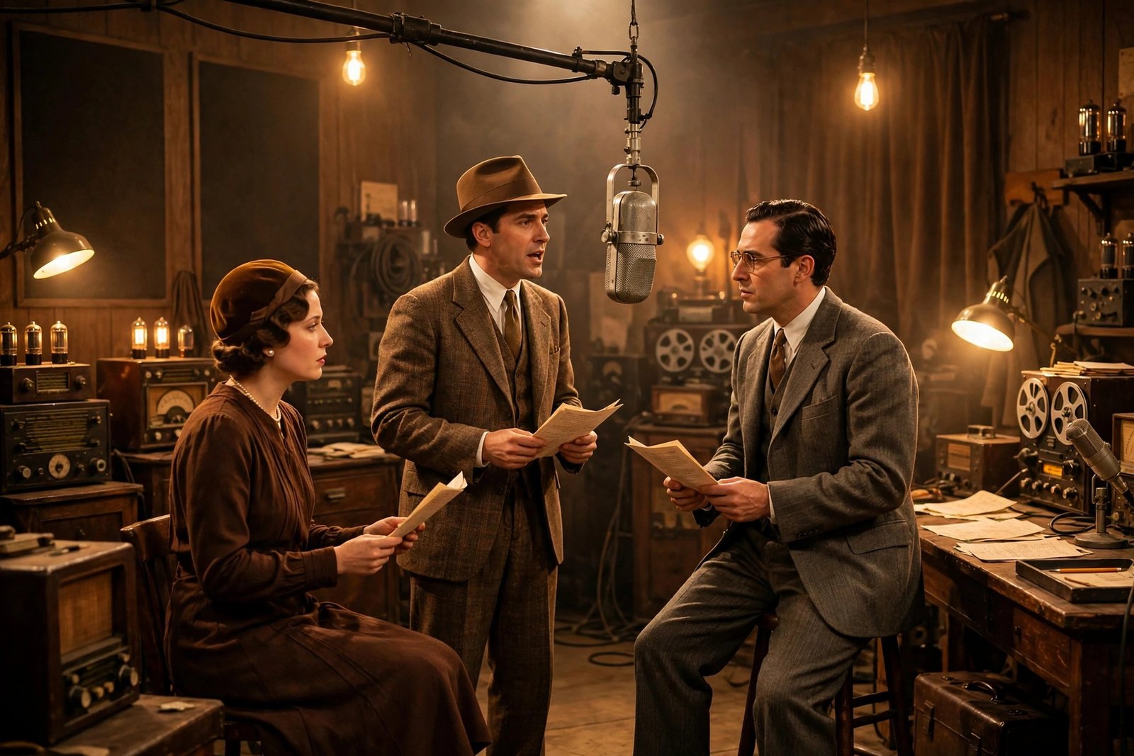 War of the Worlds 1938 broadcast: a 1930s family gathered around a radio hearing fake Martian invasion news