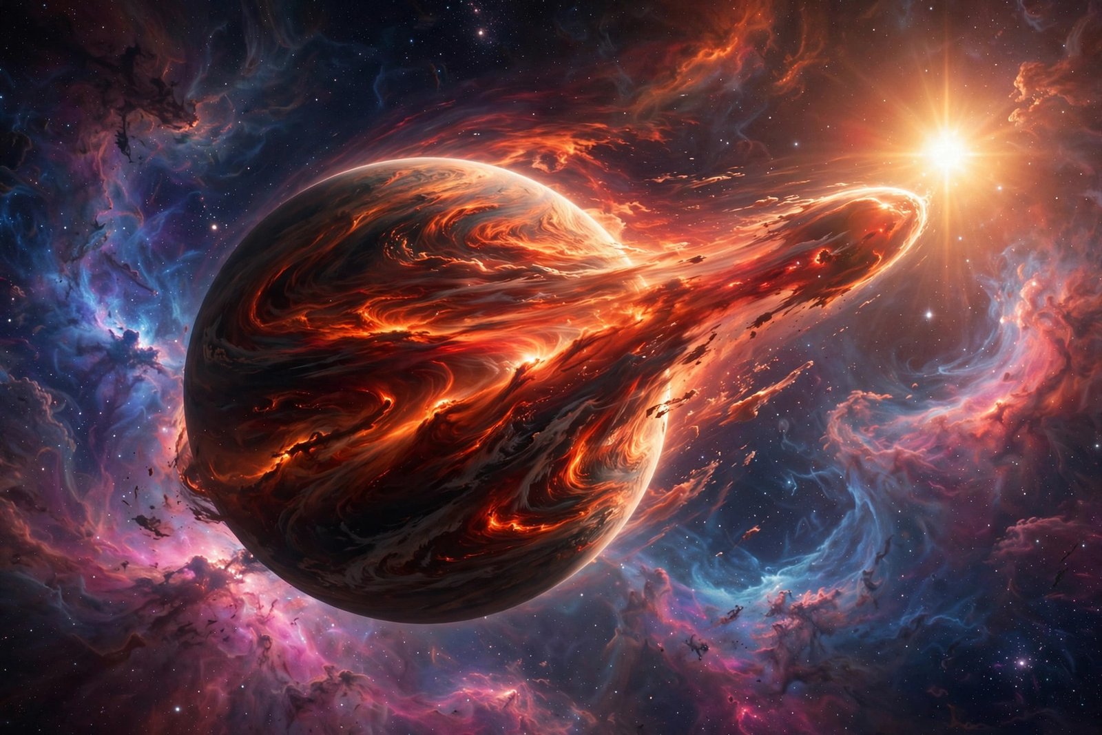 Illustration of the deformed exoplanet atmosphere of WASP-17b, a lopsided hot Jupiter mapped in 3D by astronomers
